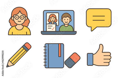 Homework Help Icons. Flat vector mini-illustrations homework help video chat in colors children's illustrations: tutor avatar,