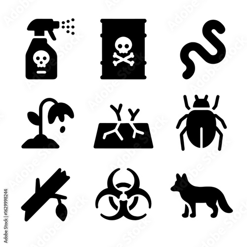Environmental Hazard Icons. Solid, filled icon set of soil contamination and wildlife: pesticide spray, toxic waste drum,