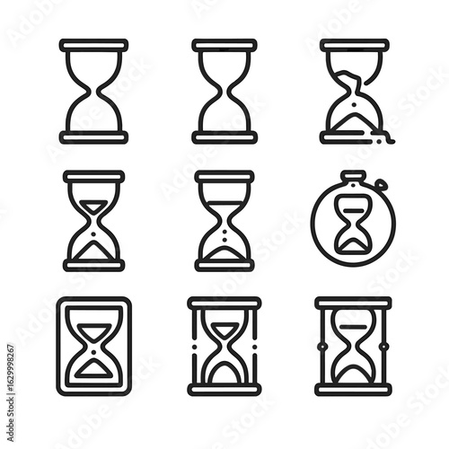 Diverse Hourglass Icons. Outline icon set of hourglass: classic hourglass, modern hourglass, broken hourglass, sand flowing, sand