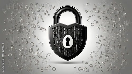 Digital security and data privacy concept. A robust black padlock remains unbroken amidst shattered fragments, symbolizing protection.