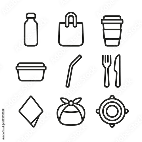 Reusable Icon Set. Outline icon set of reusable items: water bottle, shopping bag, coffee cup, food container, straw, cutlery set,