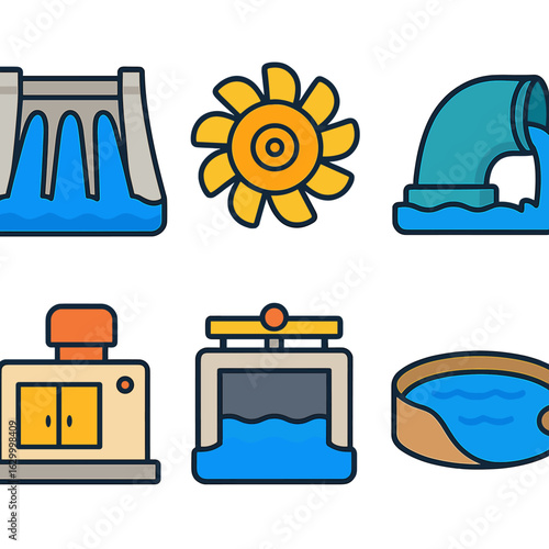 Hydroelectric Icons for Kids. Flat vector mini-illustrations Hydroelectric power equipment in colors children’s illustrations: dam