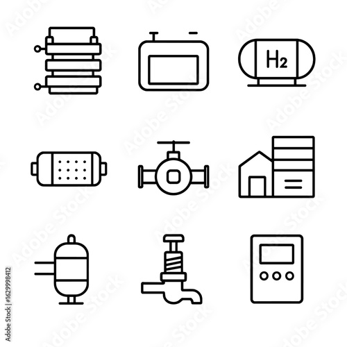 Hydrogen Storage Icons. Outline icon set of hydrogen and e-fuel storage: electrolyzer stack, fuel cell module, high-pressure tank,