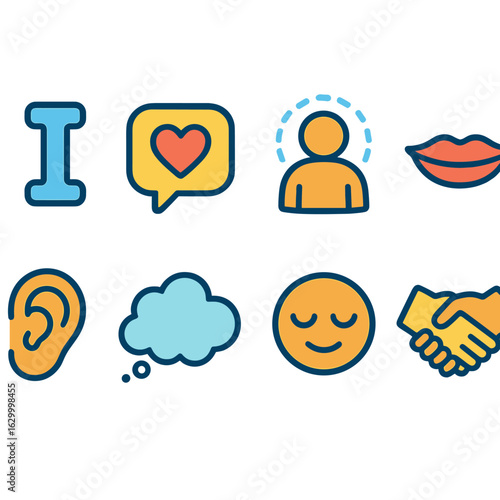 I Statements Icons. Flat vector mini-illustrations using “I statements” effectively in colors children's illustrations: letter “I”