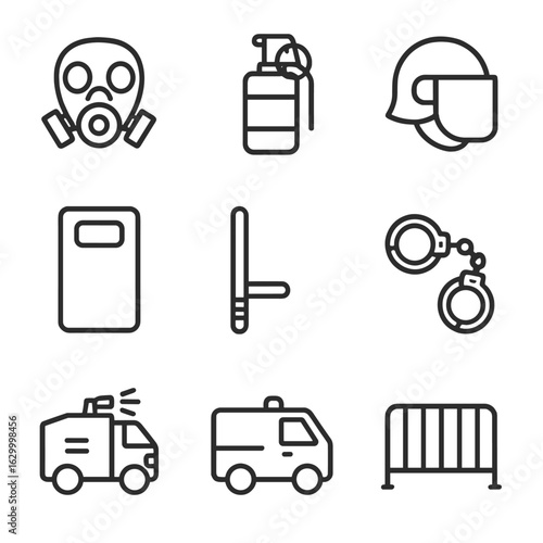 Riot Gear Icons. Outline icon set of riot equipment: gas mask, tear gas grenade, riot helmet, shield, baton, handcuffs, water