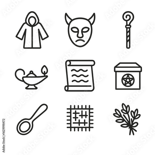 Ritual Accessories Icons. Outline icon set of ritual accessories: robe, mask, staff, oil lamp, chant scroll, ritual box, offering