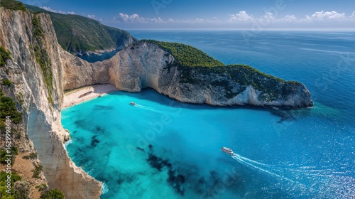 Turquoise waters meet sandy beach, embraced by towering cliffs, boats traverse the tranquil sea