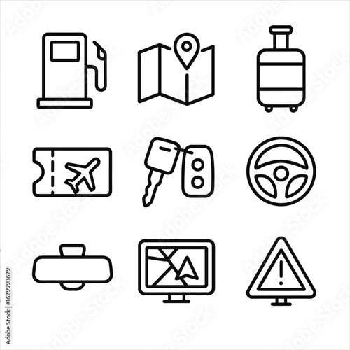 Road Trip Essentials Icons. Outline icon set of road travel essentials: fuel pump, map, luggage, travel ticket, car keys, steering