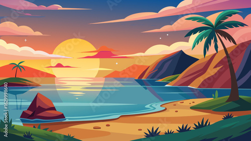 Vector art of idyllic tropical beach scene at sunset with a lone palm tree, colorful sky, and gentle waves lapping the shore