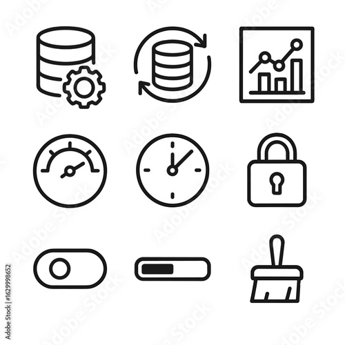 Index Maintenance Icons. Outline icon set of index maintenance operations: index rebuild, index reorganize, statistics update