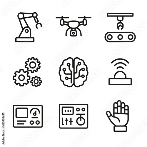 Robotics Icon Set. Outline icon set of robotics and automation: robot arm, drone, conveyor belt, AI brain, gear system, circuit