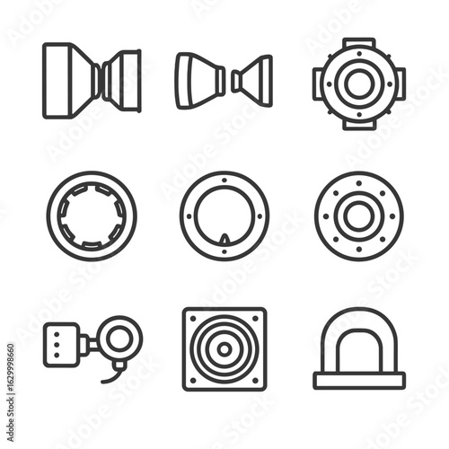 Docking Interface Icons. Outline icon set of docking interfaces: androgynous peripheral attach system, probe-and-drogue docking,