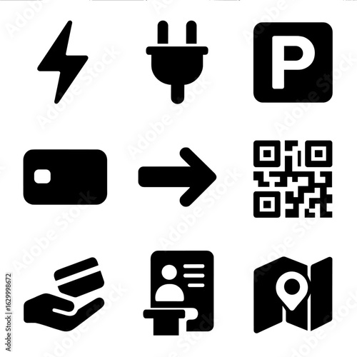 EV Charging Icons. Solid, filled icon set of EV charging station signage: charging symbol, plug icon, parking sign, access control