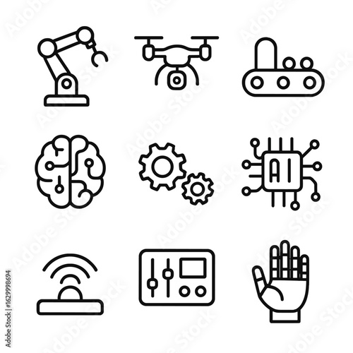 Robotics Icon Set. Outline icon set of robotics and automation: robot arm, drone, conveyor belt, AI brain, gear system, circuit
