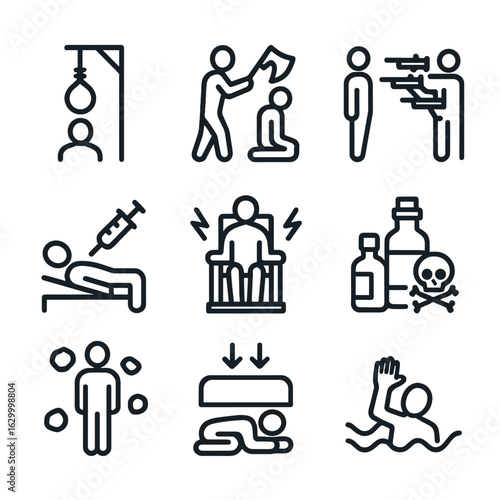 Execution Methods Icons. Outline icon set of methods of execution: hanging, beheading, firing squad, lethal injection,