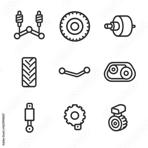 Rover Mobility Icons. Outline icon set of rover mobility components: suspension system, drive wheel, steering motor, axle joint,