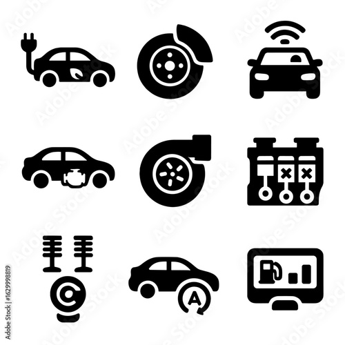 Car Tech Innovation Icons. Solid, filled icons set of car technology innovations: electric drive, regenerative