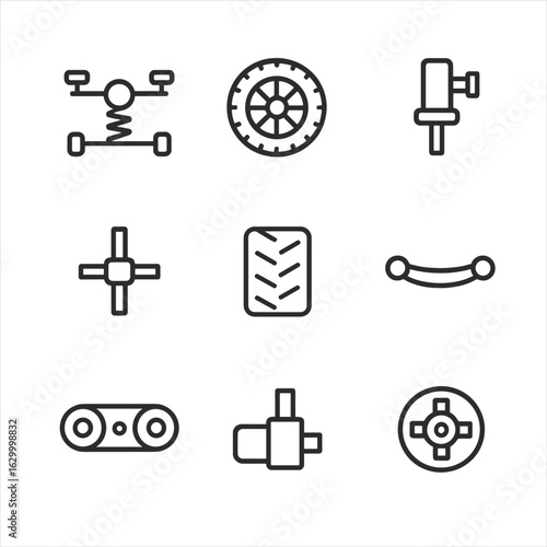 Rover Mobility Icons. Outline icon set of rover mobility components: suspension system, drive wheel, steering motor, axle joint,