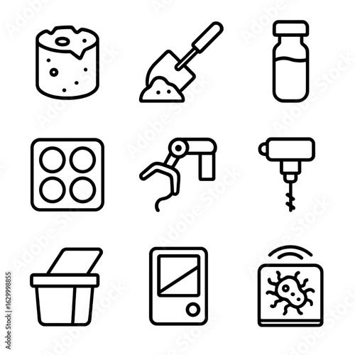 Rover Sample Collection Icons. Outline icon set of rover sample collection: rock core, soil scoop, sealed vial, sample tray, arm