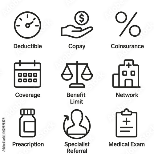 Insurance Icon Set. Outline icon set of policy coverage details: deductible gauge, co pay hand, coinsurance percentage, coverage