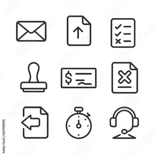 Insurance Claim Icons. Outline icon set of insurance claim process: submission envelope, upload document, review checklist,