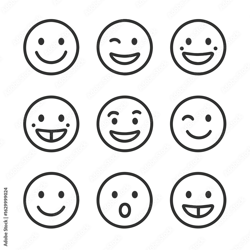 Expressive Smile Icons. smile, smirk, cheek blush, teeth showing, dimples, raised eyebrow with smile, winking smile, surprised Expressive Smile Icons. smile, smirk, cheek blush, teeth showing, dimples, raised eyebrow with smile, winking smile, surprised