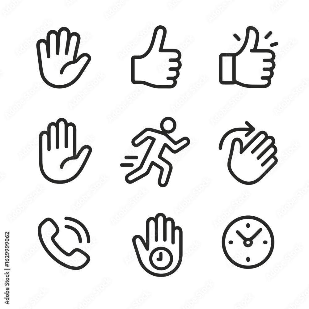 Obraz premium Rush Gesture Icons. Outline icon set of rush gestures: waving hand, pointing finger, thumbs up fast, stop sign, hurry gesture,