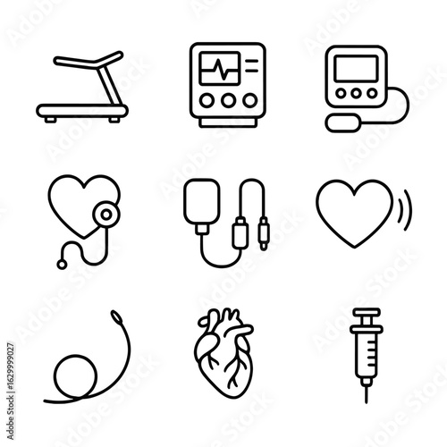 Cardiology Icon Set. Outline icon set of cardiology equipment: treadmill stress test, ECG machine, blood