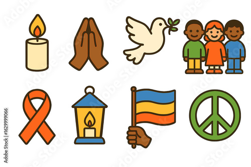 Interfaith Unity Icons. Flat vector mini-illustrations interfaith prayer vigils for equality in colors children's illustrations: