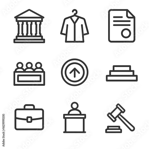 Judicial Icon Set. Outline icon set of judicial institutions and procedures: supreme court facade, judge’s robe hanger, court