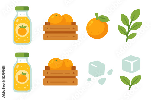 Juice Bottles & Party Icons. Flat vector mini-illustrations cold-pressed juice bottles in colors children's illustrations: glass