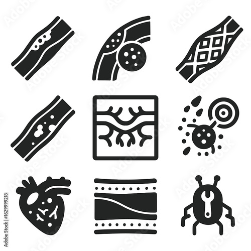 Cardiovascular Nano-Treatments Icons. Solid, filled icons set of cardiovascular nano-treatments: artery with