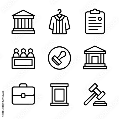 Judicial Icon Set. Outline icon set of judicial institutions and procedures: supreme court facade, judge’s robe hanger, court