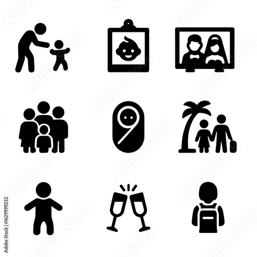 Family Moments Icons. Solid, filled icon set of family moments: first steps, baby picture, wedding photo, family reunion, newborn,