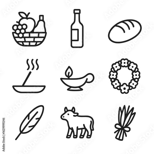Sacrificial Offerings Icons. Outline icon set of sacrificial offerings: fruit basket, wine bottle, loaf of bread, incense stick,