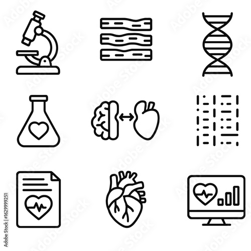 Cardiovascular Research Icons. Outline icon set of cardiovascular research and study: microscope, heart cells,