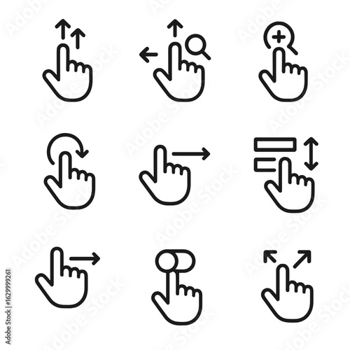 Drag Navigation Icons. Outline icon set of drag navigation controls: drag scroll, drag pan, drag zoom, drag rotate, drag slide,