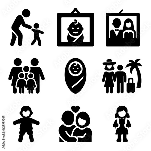 Family Moments Icons. Solid, filled icon set of family moments: first steps, baby picture, wedding photo, family reunion, newborn,