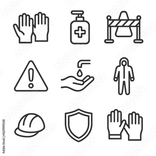 Safety Icons Set. Outline icon set of protective touch: gloves, sanitizer, barrier, caution sign, hand washing, protective suit,