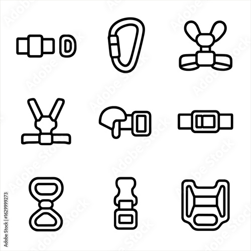 Safety Buckle Icons. Outline icon set of safety buckles: seatbelt latch, carabiner buckle, climbing buckle, child harness buckle,