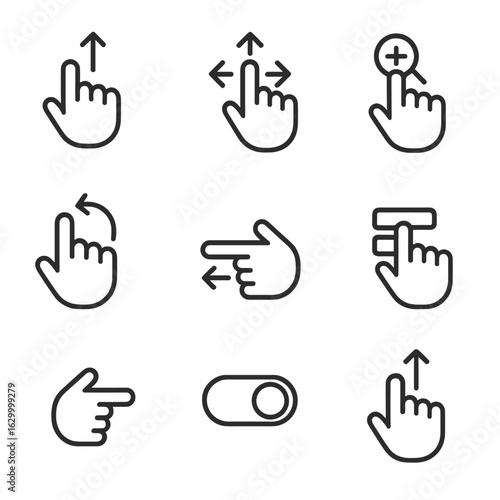 Drag Navigation Icons. Outline icon set of drag navigation controls: drag scroll, drag pan, drag zoom, drag rotate, drag slide,