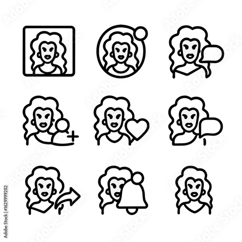 Drag Icons Pack. Outline icon set of drag social media interactions: drag post, drag story, drag message, drag friend, drag like,