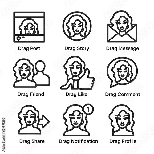Drag Icons Pack. Outline icon set of drag social media interactions: drag post, drag story, drag message, drag friend, drag like,