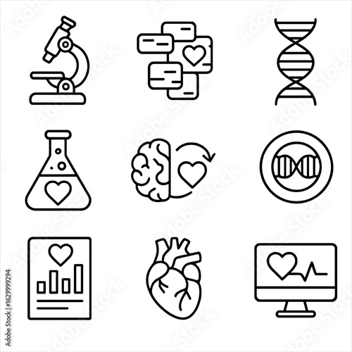 Cardiovascular Research Icons. Outline icon set of cardiovascular research and study: microscope, heart cells,