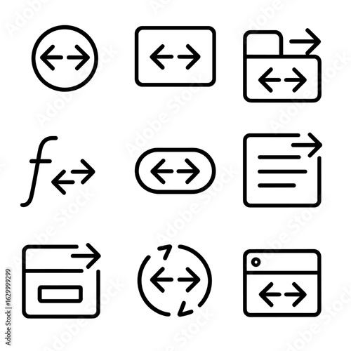 Drag-and-Drop Icons Set. Outline icon set of drag and drop programming: drag node, drag block, drag connector, drag function, drag