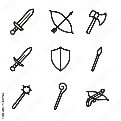 Saga Weapon Icons. Outline icon set of saga weapons: sword, bow, axe, spear, shield, dagger, mace, staff, crossbow. Line icons in
