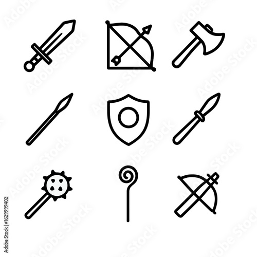 Saga Weapon Icons. Outline icon set of saga weapons: sword, bow, axe, spear, shield, dagger, mace, staff, crossbow. Line icons in