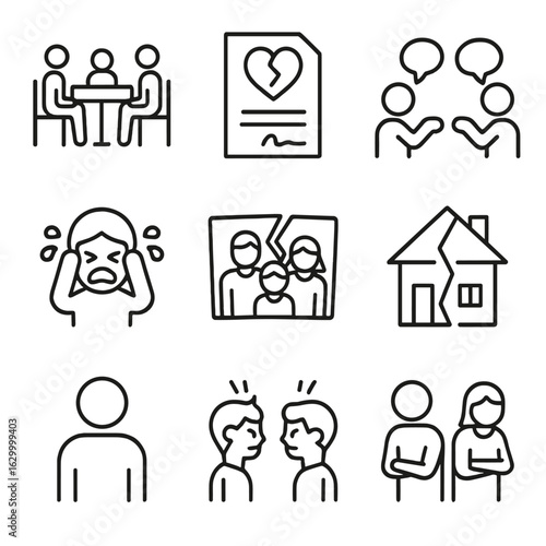 Family Tension Icons. Outline icon set of family tension: dinner table, divorce paper, argument bubble, child crying, family photo