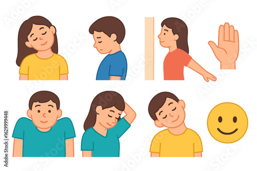 Kids Stretching Illustrations. Flat vector mini-illustrations neck and upper body stretches in colors children's illustrations: