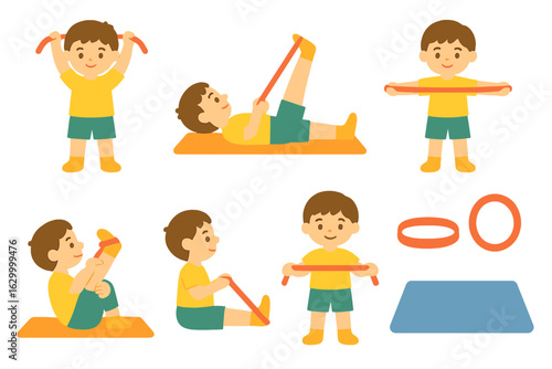 Kids' Band Exercises. Flat vector mini-illustrations resistance band stretching exercises in colors children's illustrations: